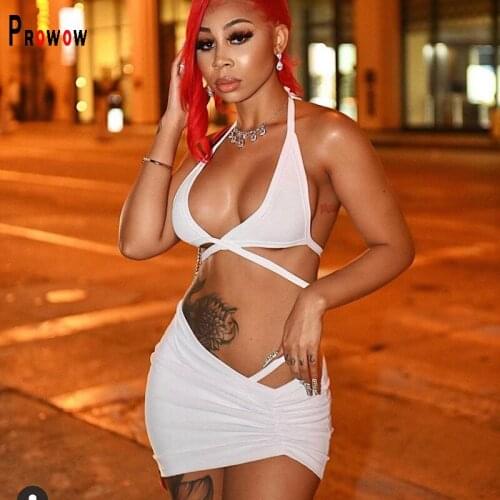Prowow Sexy Women Clothing Set Lace Up Backless Corset Tops Skinny Skirt 2pcs Suits for Party Night Club Summer Female Outfits
