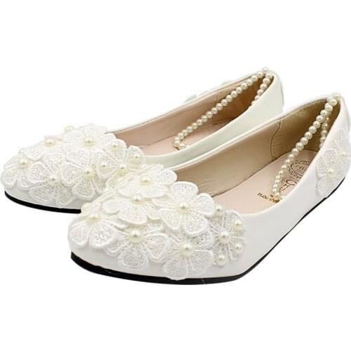 Lace flats wedding shoes bride flower pearls elastic beading ankle strap NQ205 party dinner ivory birthday dancing flats shoe