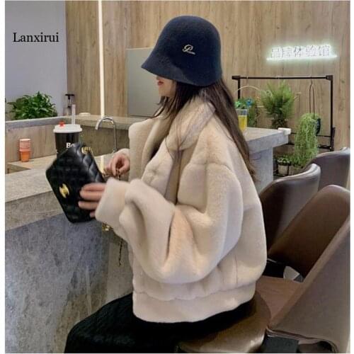 Women Autumn Winter Solid Color Long Sleeve Faux Fleece Loose Warm Jacket Coat Loose Outerwear Female Streetwear