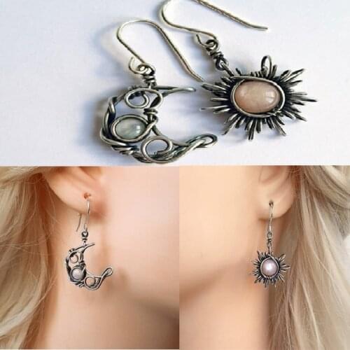 Trendy Sun Moon Shape Pendant Earrings Inlaid Moonstone Retro Party Wedding Light Luxury Charm Female Jewelry Accessories