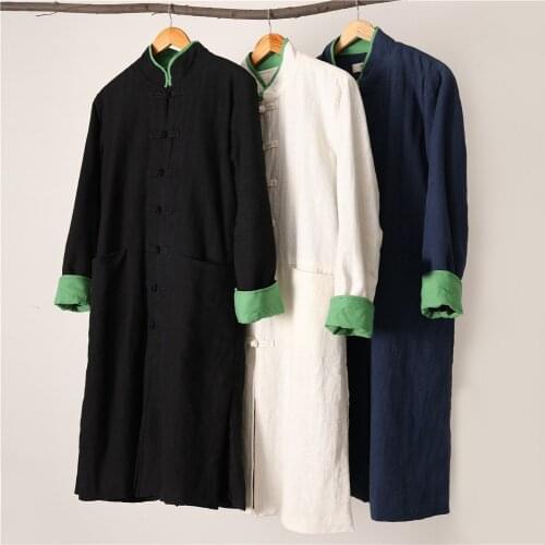 Autumn and winter mens Chinese style coat Ethnic linen Cotton medium length Folk coat thickened cotton linen windbreaker Man