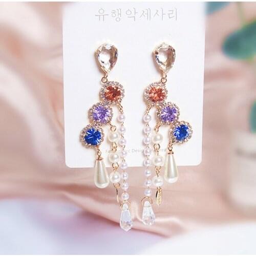MWSONYA New Korean Trendy Colorful Crystal Long Dangle Earrings for Women Water Drop Pearl Tassel Elegant Party Jewelry Gift