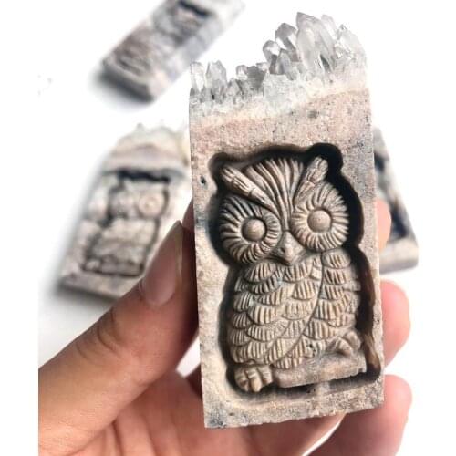 Natural White Crystal Cluster Stone Carved Owl Christmas Gift Home Decoration