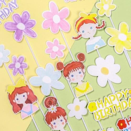 Cute Flowers Girls Happy Birthday Cake Topper Party New Year Decoration For Home Party Supplies Cupcake Topper