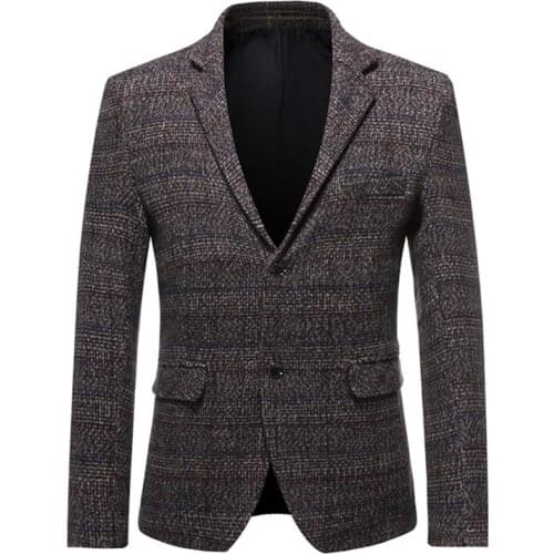 2021 Fashion New Mens Casual Business Woolen Suit Coat / Male Plaid Slim Blazers Jacket