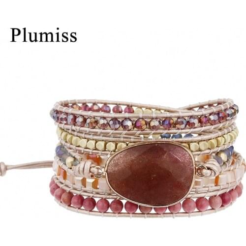 Plumiss Strawberry Quartzs Wrap Bracelets Natural Stone Hematite Rhodonite Boho Bracelet for Women Claret Red Crystal Jewelry