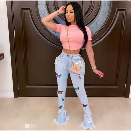 Butterfly Print Ripped Jeans For Women High Waist Slim Stretch Denim Flare Pants Femme Bodycon Tassel Skinny Push Up Jeans Woman