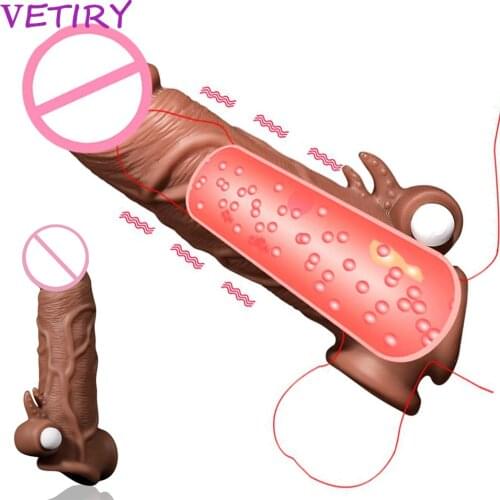 Vibrator Penis Sleeve Penis Enlarger Delay Condoms For Men Delayed Ejaculation Realistic Penis Extension Reusable Cock Sleeve
