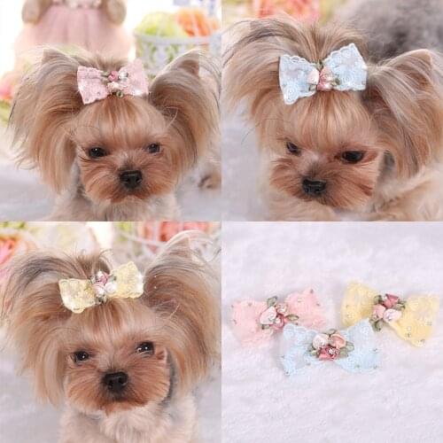 Pet Headdress Flash Diamond Embroidered Lace Hairpin Small Dog Cat Hair Accessories Yorkshire dog bows grooming