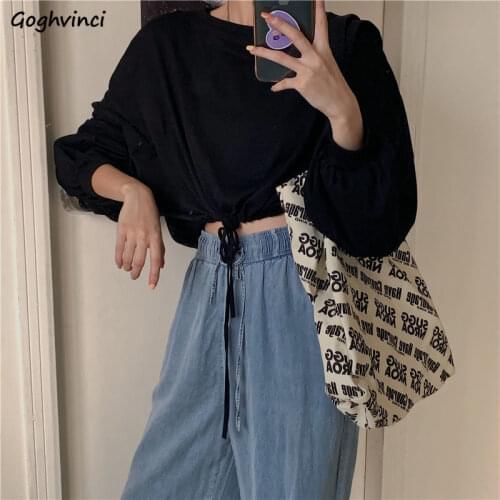 Long Sleeve T-shirts Women Drawstring Loose Sexy Chic Solid Spring Fashion Leisure Streetwear Elegant Soft All-match Ulzzang