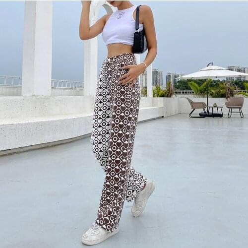 Ladies Pants Print Contrast Color Love Asymmetric High-Waisted Jeans Trendy Slim Straight Casual Trousers y2k Ladies Long Pants
