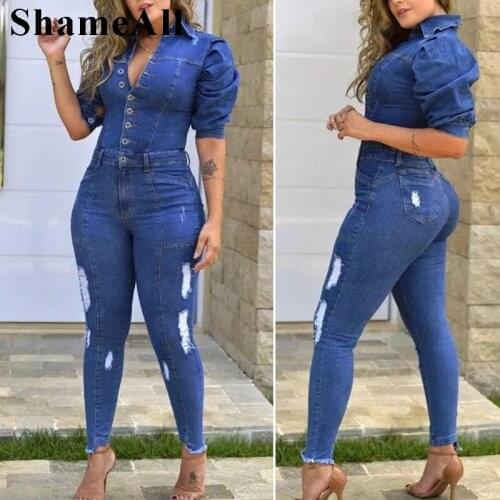 Plus Size Button Up Short Puff Sleeve Denim Jumpsuits 3XL Street Striped Patchwork Pockets Stretchy Skinny Ripped Long Playsuit