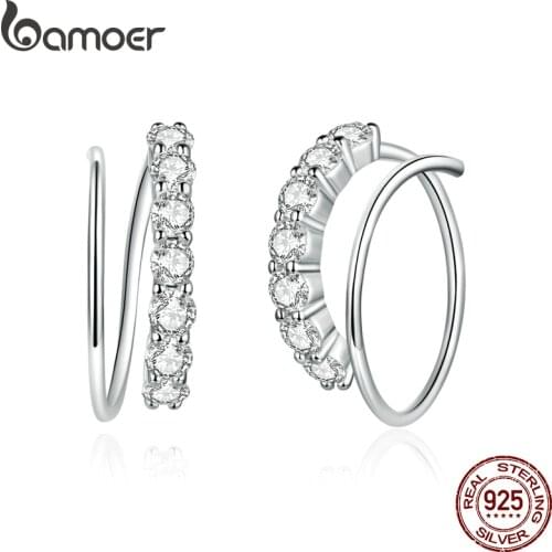 Bamoer Authentic 925 Sterling Silver Simple Geometry CZ Stud Earrings for Women Plated platinum Silver Jewelry SCE931