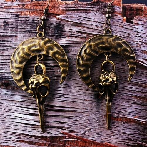 Crow Skull Earrings for Women Piercing Skeleton Drop Earing Vantage Bronze Color Dark Gothic Moon Ear Accessories Jewelry VGE102