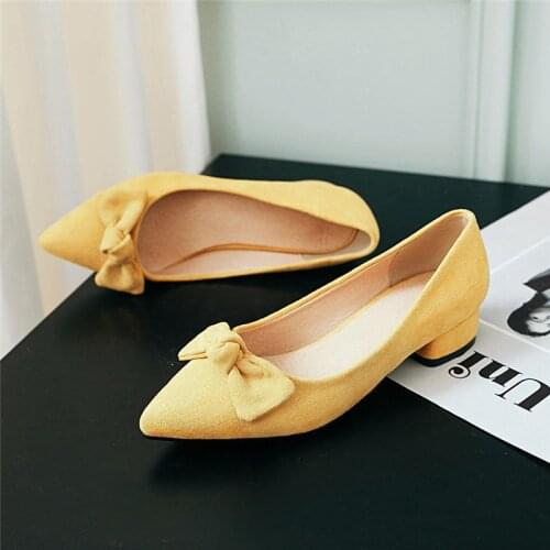 Chunky Block Heels Women Pumps Pointed Toe Low Heels Woman Shoes Office Work Dress Wedding Shoes Bridal Bow Footwear Pink Yellow