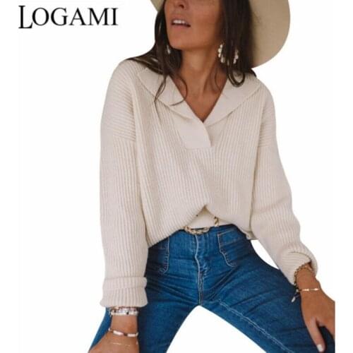 LOGAMI Womens Turn-down Collar Pullover Sweater Autumn and Winter Knitwear Jumper
