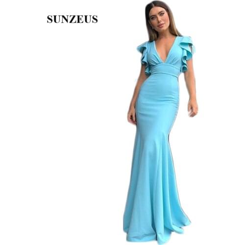 V Neck Sheath Blue Jersey Bridesmaid Dresses 2019 Women Long Wedding Party Dresses Simple Wedding Guest Gowns Prom Wear SBD180