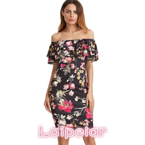 Sexy Off Shoulder Slash Neck Floral Pencil Vestidos Fashion New Ruffles Short Sleeve Summer Dress Women Casual Party Dress