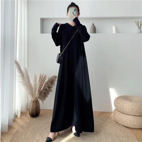 Casual Hooded Sweater Dress Over-The-Knee Women Autumn And Winter Korean Style Knitwear Loose Super Long Knitted Dress Maxi y844