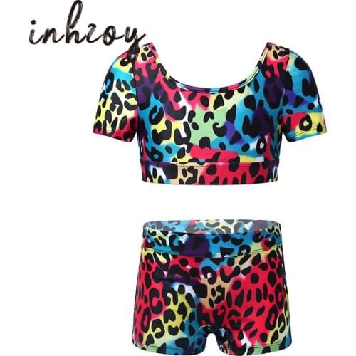 Kids Tracksuit Leopard Print Crop Top Shorts Sports Sets Children Girls Stage Performance Costume Gymnastics Ballet Dance Wear
