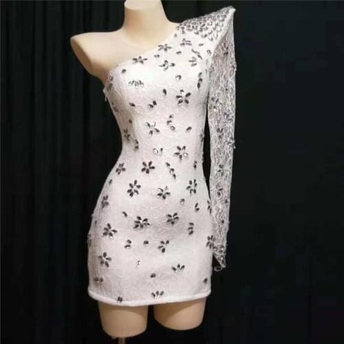 E19 White Shoulder bag hip skirt model performance dresses dj wears outfits ballroom dance stage costumes bar clothing disco ktv