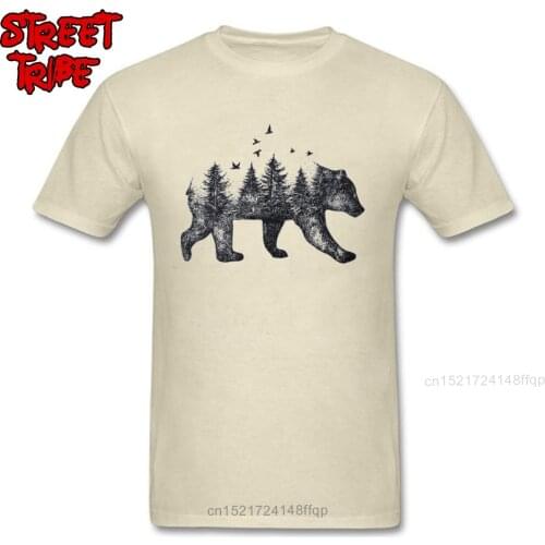100% Cotton T-shirt Men Beige T Shirt Vintage Tshirts Bear Forest Tops Art Design Fashion Clothing Plus Size Short Sleeve Tees