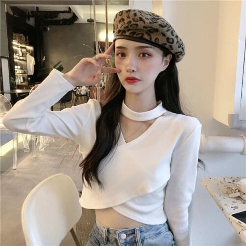 Knitted T Shirt Women Sexy Crop Top Long Sleeve Cross Korean Fashion Soild Color Black White Basic Tshirt Club Party Clothes
