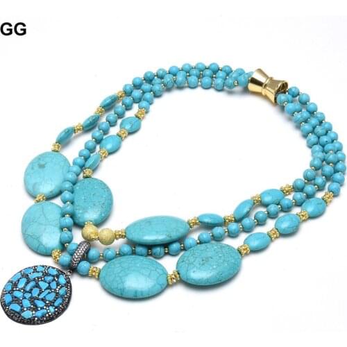 GG Jewelry 18'' 3 Rows Gold Color Plated Ball Round Oval Blue Turquoises Necklace Turquoise CZ Pave Pendant