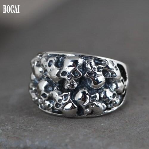 BOCAI real S925 pure silver fashion mens ring Thai silver simple design skull silver ring for man