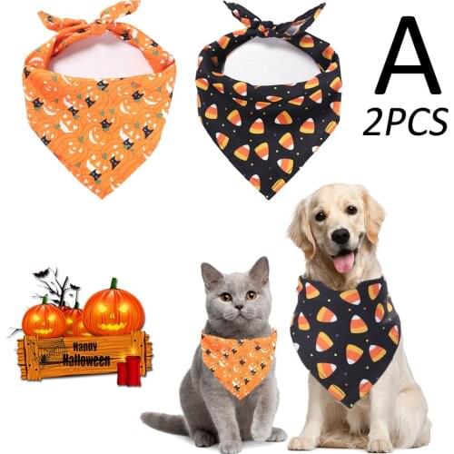 2PCS Halloween Pet Bandanas for Dogs Cats Triangular Bibs Scarf with Halloween Pattern for Puppy Accessories