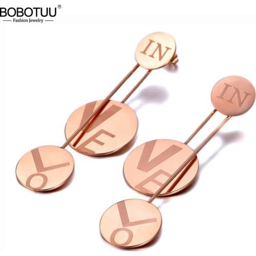BOBOTUU Trendy Titanium Stainless Steel Geometric Earrings Bohemia Creative In Love Letter Earrings Jewelry For Women BE19290