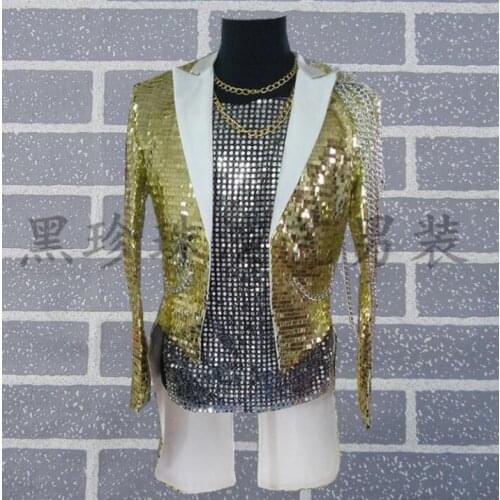 Gold Paillette Men Tuxedo Suits Designs Homme Terno Stage Costumes For Singers Men Sequin Blazer Dance Clothes Star Style