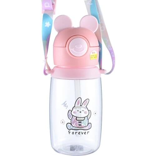 New cartoon bounce cover plastic cup portable strap children straw drinking cup cute kindergarten baby learn to drink cup