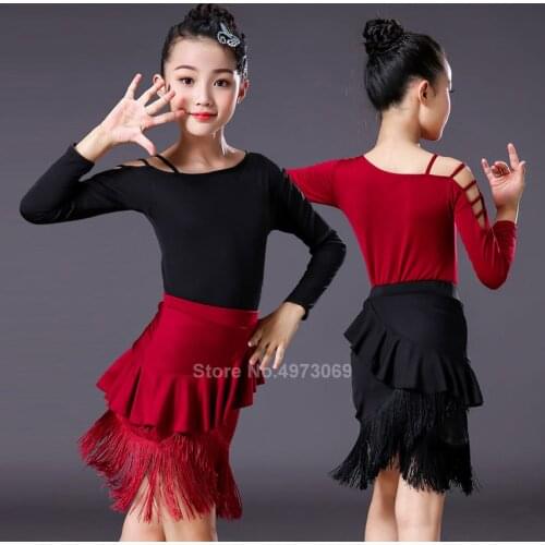 Tassel Fringe Ballroom Pratice Split Latin Dance Dress for Kid Girl Stage Performance Professional Sumba Red Black Leotard Skirt