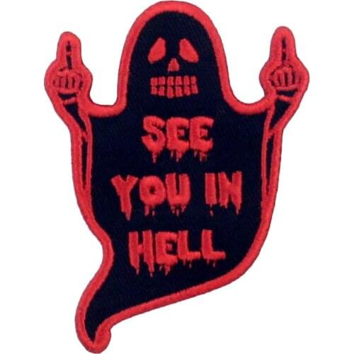 Ghost With ‘See You in Hel’ Patch Embroidered Biker Iron On Sew On Emblem Fabric for Hats T-shirt Towel