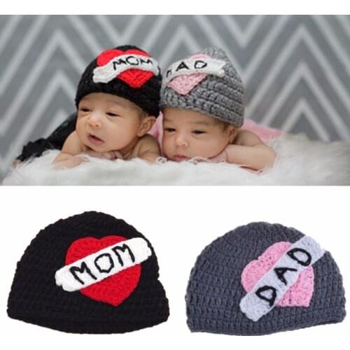 Newborn Photography Props Knitting Crochet Love Mom And Love Dad Baby Girl Boy Hat Infant Twins Soft Sweet Heart Shape Cap