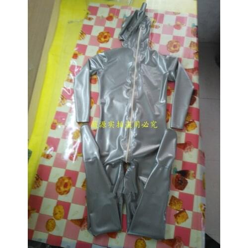 Silver Full Body Latex Fetish Catsuits Rubber Hood Mask with Back Crotch Zip