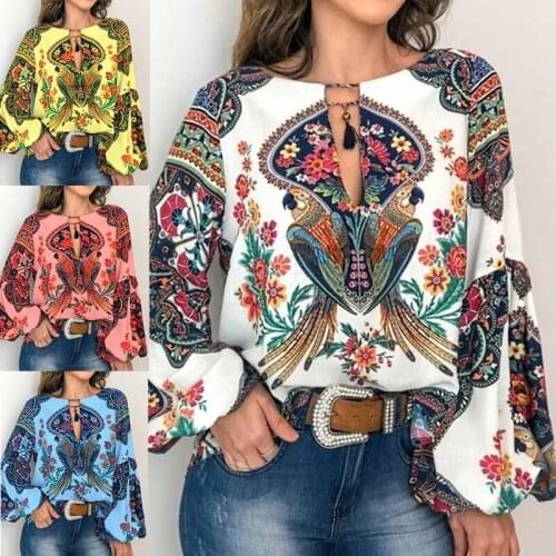 Floral Print Long Sleeve Chiffon Blouse Womens Tassel Loose Cuffed Sleeve Tops Oversize Long Lantern Sleeve Pullover Shirts