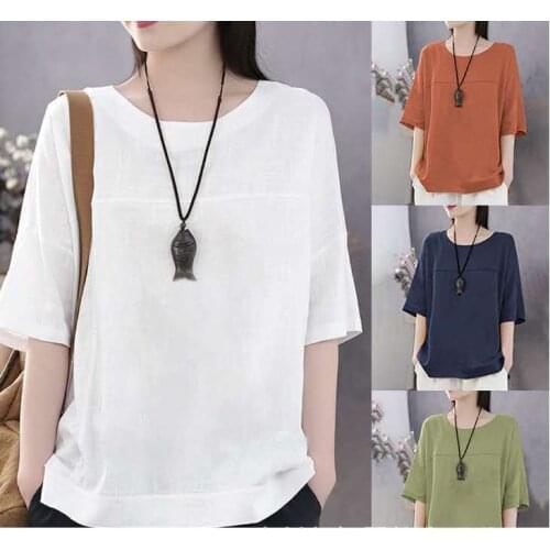 Spring and Summer New Art -Style Solid Color Casual Short Sleeve Cotton Linen Loose Top Half Sleeve plus Size Women 's Clothing
