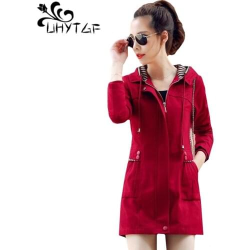 UHYTGF Autumn Ladies Long Coat Elegant Woman Trenchcoat Outerwear Long sleeve Hooded Casual Lady Windbreaker OuterwearM-3XL 832