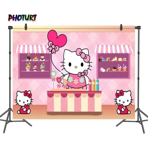 PHOTURT Candyshop Backdrop Girls Birthday Party Decorate Background Sweet Cartoon Cat Vinyl Photo Banner Photography Props