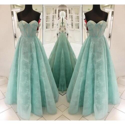 Vintage Ice Blue Lace Prom Dresses 2019 Sleeveless Sweetheart A-Line Evening Dresses Wear Party Gowns vestidos de noiva
