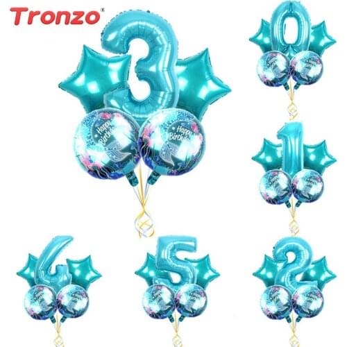 Tronzo Mermaid Theme Party Foil Balloons 5 pcs 32 Inch Blue Number Balloon Kids Happy Birthday Party Decoration Birthday Ballons