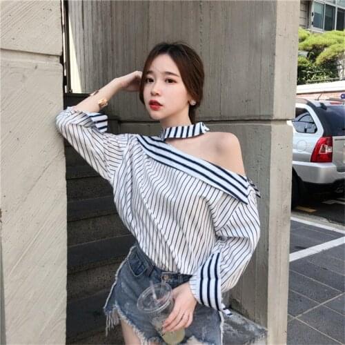 New Fall Women Fashion Sexy Striped Shirt Sexy Halter Cold Shoulder Chic Backless Lady Blouse Long Sleeve Elegant Fashion OL Top