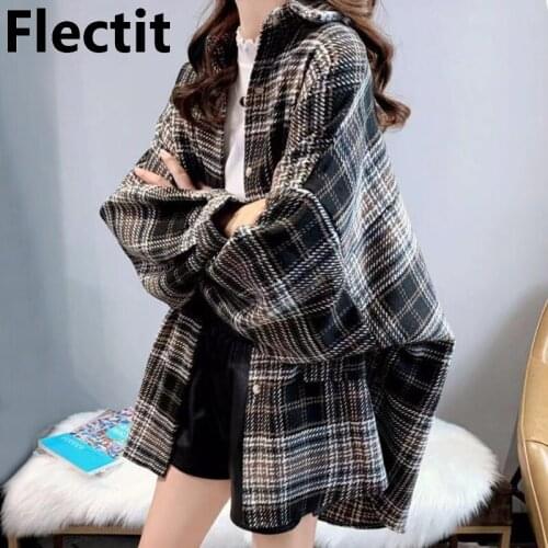 Flectit Plaid Shacket Women Checkered Flannel Shirt Oversize Long Sleeve Fake Pocket Button Down Thick Wool Blend Winter Female