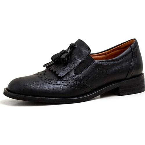 GUIDIBASICGenuine Cow Leather2021 Spring New Round-Headed Low-Heeled College Style Fashion Fringed British Style Ladies Loafers