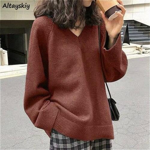 Sweaters Women Brown V-Neck Casual Popular Ladies Clothing Daily Warm Loose Student 2020 Fall New Ulzzang Knitted All-match Chic