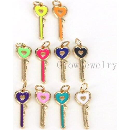 10Pcs Heart Key Jewelry, Heart Padlock Charms, Gold Enamelled Pendant, Dainty Mini Metal Copper Pendant, Findings
