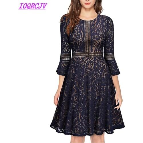 2018 Spring and Autumn Womens Lace Dress Fashion Solid color Big swing Dresses Plus size Slim Female Lace Dress IOQRCJV Q042