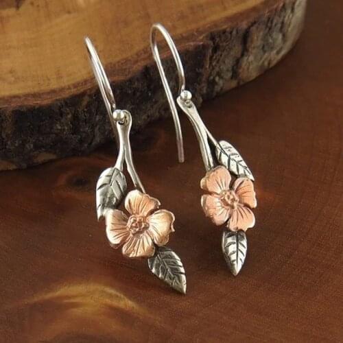 2021 Wholesale Vintage Plant Leaf Rose Flower Earrings Boho Ethnic Antique Silver Color Blossom Earring Women New Jewelry